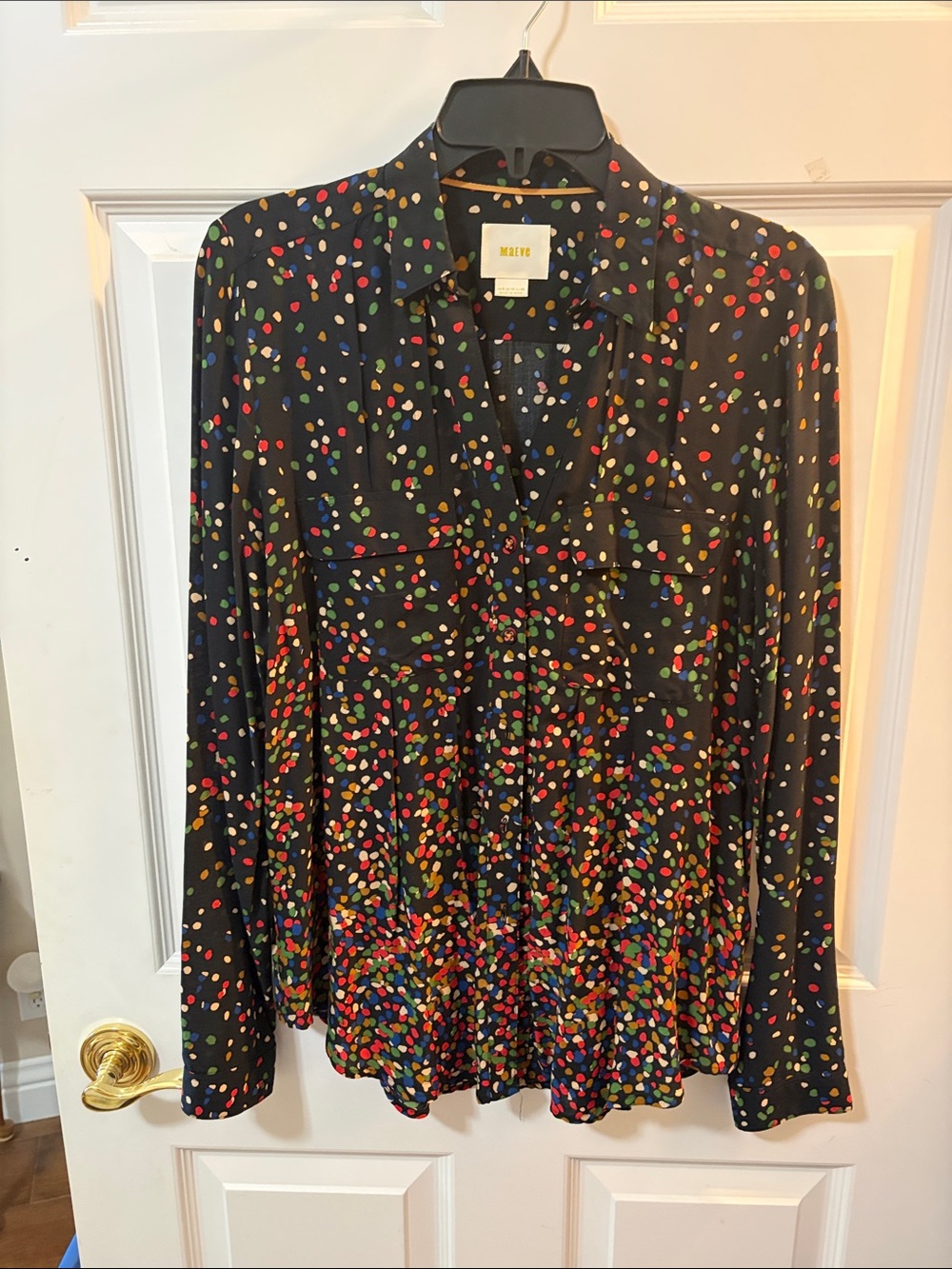 Maeve Black Button-Down Blouse with Multicolor Confetti Print